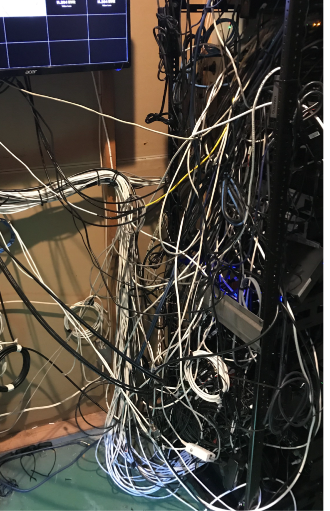 tangled wires in a/v rack